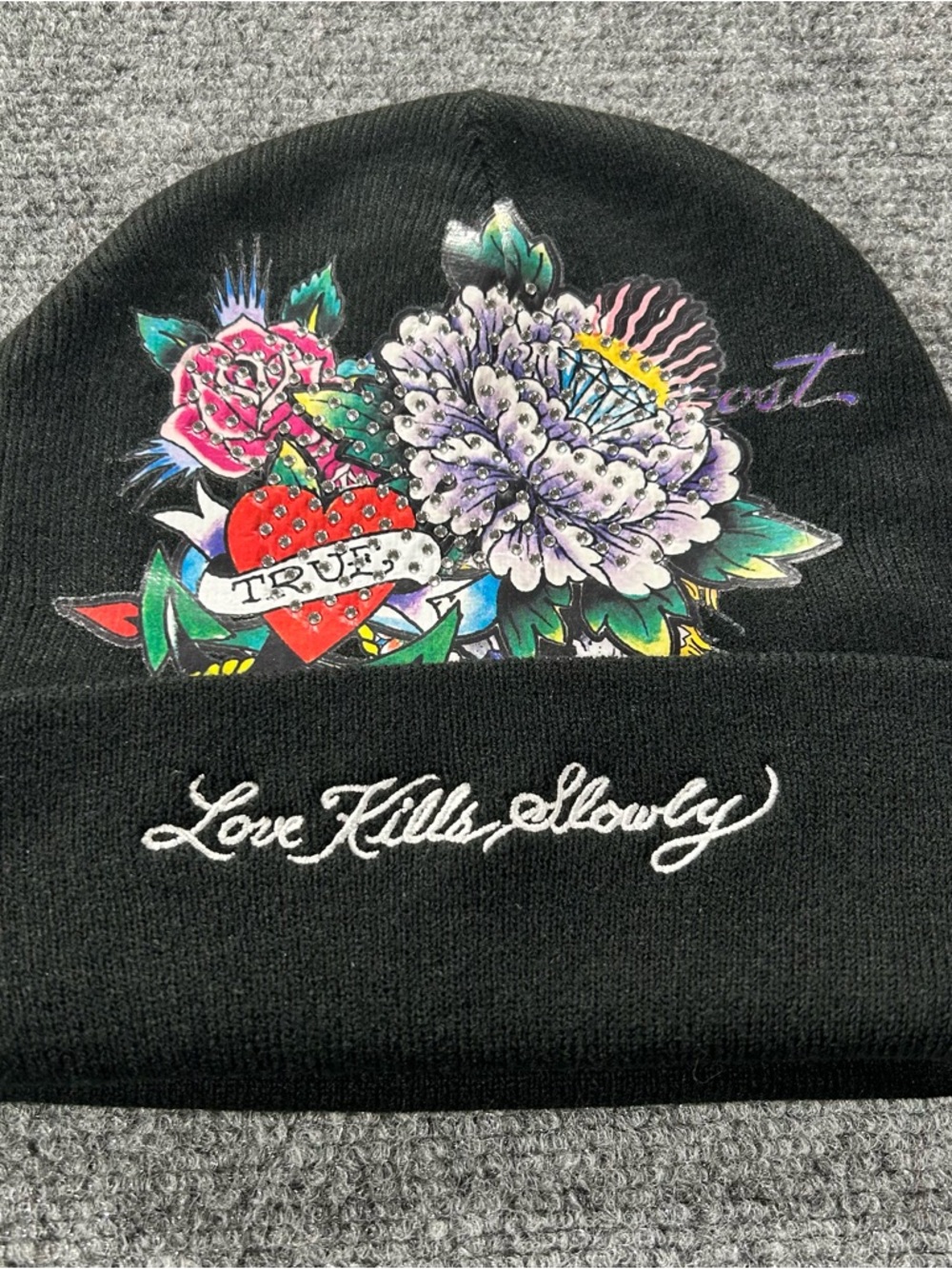 Ed Hardy Love Kills Slowly Beanie Rhinestone Skull Rose Black Y2K Fashion Unisex